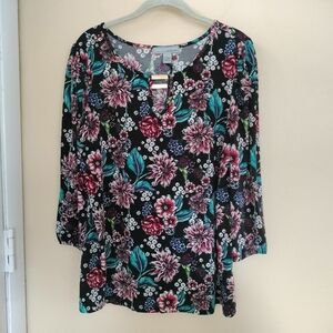 By Design Large Black Red Green Floral Top Blouse Office Stretch Comfort Chic